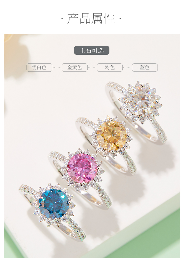 太阳花S925银镀白金莫桑钻女戒1.5克拉D级 - 2